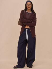 MUSERA Knit Longline Plunge V-Neck Button Down Long Sleeve Cardigan Spring  Chic - Coffee Brown - View 5