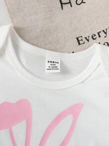 女婴两件套可爱兔子印花短袖 T 恤和黄色波尔卡圆点粉色网眼裙套装，春夏