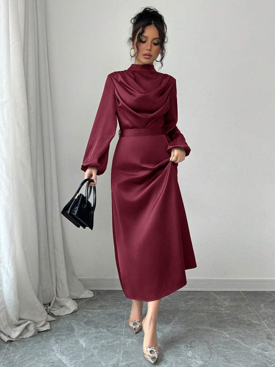 Elenzga Váy chữ A dài tay xếp nếp bằng vải satin bóng thanh lịch dành cho nữ, mùa xuân/thu - Đỏ - Xem 1