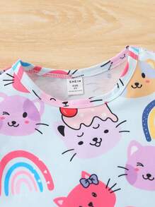 SHEIN 2pcs/Set Young Girls Cute Cat & Rainbow Cartoon Print Short Sleeve T-Shirt Top & Bow Shorts, Casual/Cute/Outdoor, Suitable For School Suitable For Summer