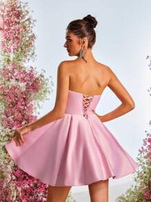 Lovelzi Elegant, Romantic, Dignified, Summer, Pink, Satin, Hot Rhinestone, Computer-Made Beads, Faux Pearls, Fishbone Waist, A-Line, Back Straps, Festival, Music Festival, Vacation, Date, Wedding Event, Dance, Cocktail Dress, Party Dress, Wedding Guest Dress, Prom Dress,Graduation,Graduation Dresses For Women,Back To School Dress - Pink - View 2