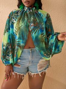 Slaydiva Plus Size Women Chiffon Tropical Print Long Sleeve Loose Top - Multicolor - View 6