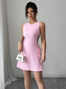 Elenzga Summer Vacation, Valentine's Day, Spring Festival Holiday Fashionable & Elegant Sexy Hollow Bowknot Mini Dress - Pink - View 5