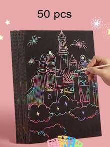 50pcs Scratch Paper & 5pcs Bamboo Stick Drawing Pad DIY Painting Supplies School Supplies