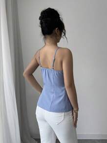 Elenzga Damen ärmelloses blaues & weißes Patchwork Top mit Knopfdesign an der Taille