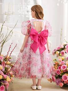Tween Girl 蝴蝶结后背欧根纱花卉印花泡泡袖连衣裙 - 粉色 - 查看 6