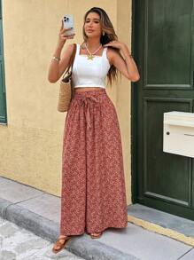 SHEIN Tall CURVE Pantalon évasé ample à fleurs marguerite pour grandes tailles, pantalon de vacances décontracté, pantalon ample à jambes larges, pantalon rouge à fleurs avec fentes, nœud devant avec ceinture réglable, convient pour les vacances et le port quotidien