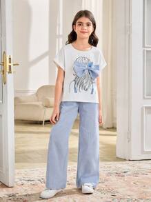 SHEIN 2pcs Tween Girls Casual Human Portrait Print Bow Decor Loose T-Shirt And Wide Leg Pants Set,Kids - Blue - View 7