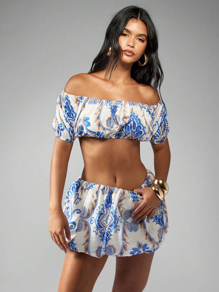 MISSGUIDED Tile Print Puff Sleeve Super Crop Bardot TopVacay Summer Resort Ibiza Mykonos Europe Vacation