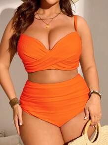 SHEIN Swim Curve 2pcs Plus Size Women Solid Color Gathering Strap Swimsuits, Fashionable Minimalist Style Bikini Set For Vacation For Summer - Orange - View 1