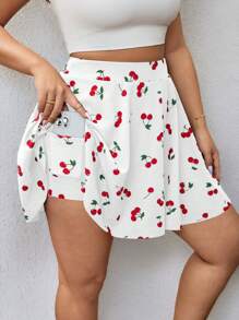 SHEIN Frenchy 加上樱桃印花阔腿短裤适合日常穿着，夏威夷夏季小樱桃印花短裙，可爱浪漫非常适合夏天穿内置短裤