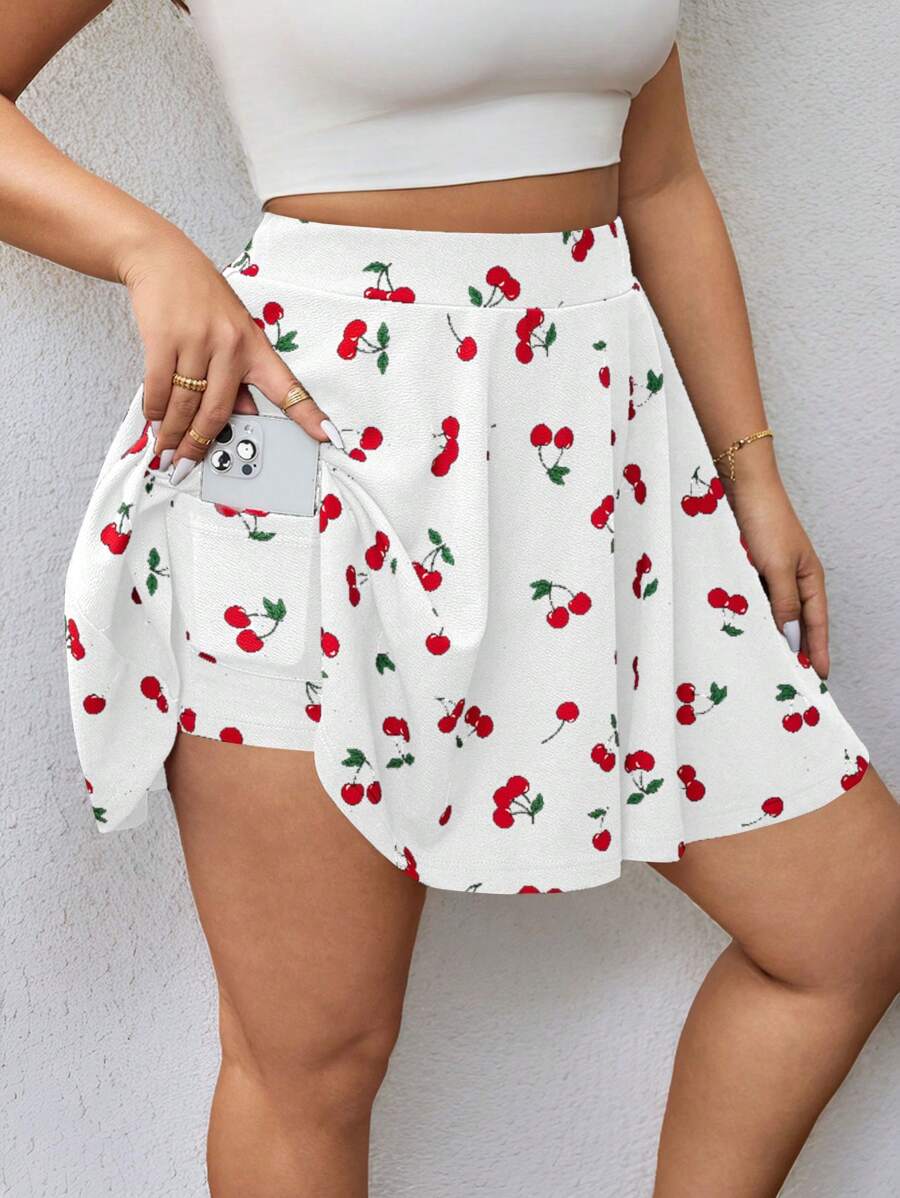 SHEIN Frenchy 加上樱桃印花阔腿短裤适合日常穿着，夏威夷夏季小樱桃印花短裙，可爱浪漫非常适合夏天穿内置短裤