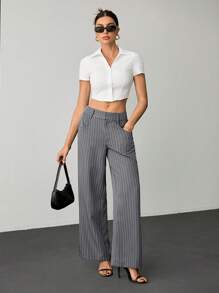 SHEIN Tall Women's Gray Solid Color Commuting Casual/Office Wear/Old Style/Fashion Outing/Summer Yarn-Dyed Jacquard Woven Straight Trousers/Summer Women's Trousers - Grey - View 5