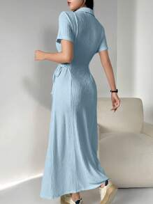 Mulvari Vrouwen Letter Print Turnup Mouw Zij Taille Strik Midi Casual Jurk Maxi Vrouwen Outfit Lange Avondjurken