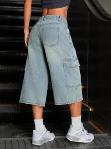 SHEIN ICON Quần Jeans Cargo Dài 3/4 Phong Cách Đường Phố Kiểu Mỹ Cho Nữ - Màu xanh lam - Xem 2