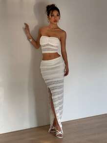 SHEIN Unity 女式白色波浪纹蕾丝吊带开叉连衣裙，休闲性感度假装，春夏两件套 - 白色 - 查看 4