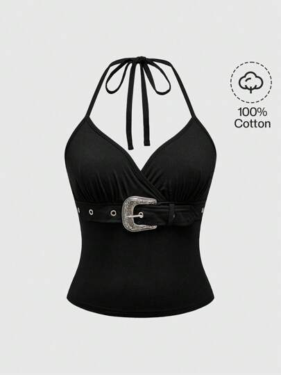 Hippie Top d'été pour femme, camisole à la mode avec design de bouton polyvalent