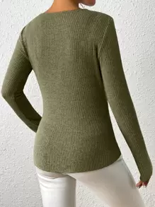 Chiquease Casual Solid Color Ribbed Splice Round Neck Long Sleeve Women T-Shirt - Army Green - View 2
