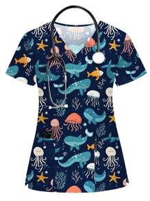 PopScrub Women's Short Sleeve Nurse Uniform Top  Animal Cartoon Pattern Short Sleeve V Neck Double Pocket Top Nurse Women's Top Scrub Top  Marine Life Starfish Octopus Water Wood Seaweed Underwater Cartoon Pattern Navy Blue Hand Washing Clothes Print V Neck Frosted Scrub Top, Casual Short Sleeve Work Wear, Women Sweetheart V-Neck Ruched Blouse, Women Short Sleeve V-Neck Nurse Uniform Shirt With 2 Pockets, Soft Stretchy Ruched Graphic Tee V-Neck Short Sleeve Blouse For Lady Wear Women's V-Neck Short Sleeve Double Pocket Cute Cartoon Animal Pink Heart Rabbit Print Simple Nurse Uniform Set/Doctor Work Uniform Set/ Examination & Surgery Uniform Set/Solid Color Pet Grooming Work Uniform Set/Nutritionist Work Uniform Short Sleeve Set/Functional Multi-Pocket Lab Work Uniform Top - Royal Blue - View 2