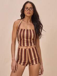 MUSERA Pinstripe Halterneck Cropped Fitted Tank Top Spring Summer Festival Rave Vacation Cute Fall - Multicolor - View 1