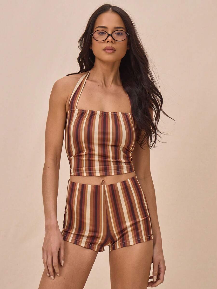 MUSERA Pinstripe Halterneck Cropped Fitted Tank Top Spring Summer Festival Rave Vacation Cute Fall - Multicolor - View 1