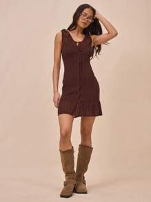 MUSERA Scoop Neck Tie Front Rib Knit Pleated Hem Mini Dress Summer Outfits Spring - Coffee Brown - View 5