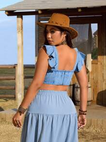 Breezaya Plus Size Women Western Wear Denim Ruffle Trim Casual Top