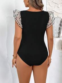 SHEIN Clasi Plus Size Women Solid Color Ruffled Collar Mesh Overlay Cap Sleeve Elegant Bodysuit, Beach Outfits - Black - View 2