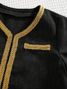 SHEIN 2pcs Set Baby Boy Casual Black With Luxury Gold Ribbon Long Sleeve Shirt And Elastic Waist Pants Set, Suitable For Birthday Party, Evening Party, Performance, Wedding, One-Month, Baptism And 1st Birthday Celebration - Black - View 5