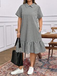 SHEIN LUNE Vestido casual de manga corta para mujer talla grande con cuello y volantes en el bajo a cuadros