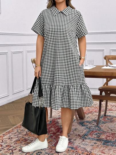 SHEIN LUNE Plus Size Women Plaid Short Sleeve Collar Ruffled Hem Casual Dress Summer Vacation Outfits Woman Beach Spring Outfits For Women Business Casual Daily Wear, Commute Office Outfits For Women Summer Clothes