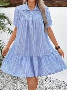 SHEIN LUNE 女士条纹短袖纽扣半襟荷叶边下摆休闲衬衫裙 - 藍白色 - 查看 4