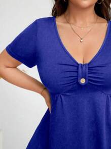 SHEIN Clasi Plus Size Simple Plain Short Sleeve T-Shirt, Casual And Versatile - Royal Blue - View 6