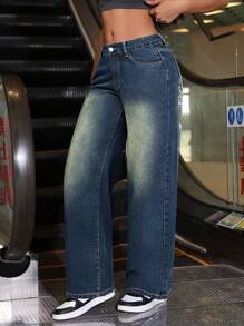 SHEIN ICON Women's Vintage Washed Denim Wide Leg Pants With Cross Embroidery