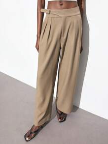 Maija 2025 Summer New Arrival Women's Casual Lightweight Khaki Color Pants, Fashion Adjustable Metal Buckle Waist Pleated Design Straight Leg, Suitable For Music Festival, Beach Vacation, Daily Casual, Romantic Urban Retreat, Wedding Guest, Graduation Romantic, Fashion, Versatile; Suitable For Summer Vacation In Fall/Winter - Coffee Brown - View 1