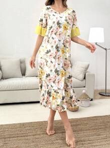 Contrast Color Splice Ruffle Hem Short Sleeve Floral Print Long Nightgown - Multicolor - View 6