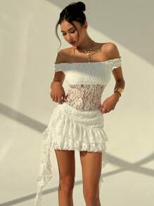 Aloruh 女士优雅花卉蕾丝拼布露肩迷你连衣裙 - 白色 - 查看 1