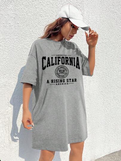 SHEIN EZwear Casual Loose English Letter Pattern Round Neck Short Sleeve Mini Dress, Suitable For Summer Streetwear For Women Women Streetwear For Women Women Streetwear For Women Women T Shirts Back To School Teacher Chic Dress