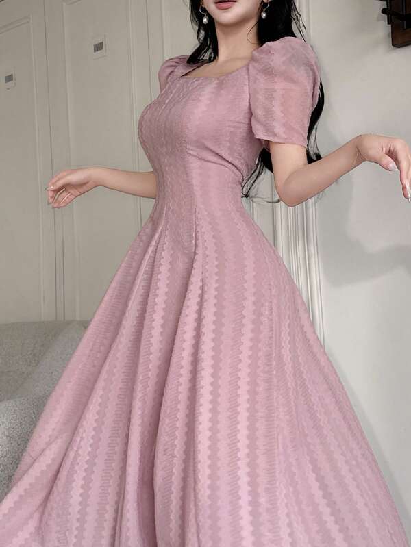 Feyla Women Square Neck Ruched Waist Long Puff Sleeve Dress, Elegant Women Formal Party Dress