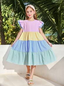 SHEIN Tween Girls Woven Macaron Colorful Striped Color Block Ruffle Hem Cap Sleeve Relaxed Dress, Suitable For Spring Vacation, Spring/Summer, Back To School