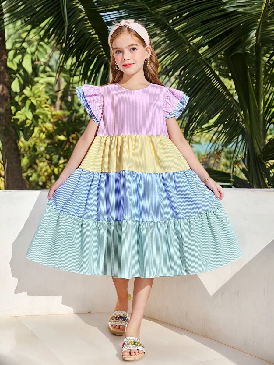 SHEIN Tween Girls Woven Macaron Colorful Striped Color Block Ruffle Hem Cap Sleeve Relaxed Dress, Suitable For Spring Vacation, Spring/Summer, Back To School