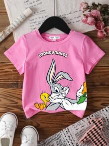 LOONEY TUNES X SHEIN Young Girl Summer Casual Cute Rabbit Print Round Neck Short Sleeve T-Shirt - Pink - View 1