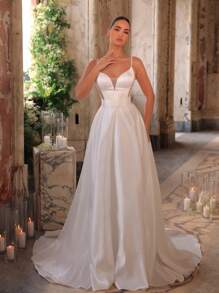 Glamrae Elegant White Satin Backless Dress With Sheer Mesh Panels, Adjustable Tie Shoulder Straps, Large Back Bow, Side Pockets, And Voluminous A-Line With Long Train, Bridal Gown, Wedding Dress, Bride - White - View 6