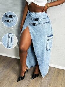 Slaydiva Women's Denim Skirt Sexy Fit Side Slit Work Pocket Skirt Blue Gyaru Concert Women Rave Festival Summer For Women Y2k Summer Concert