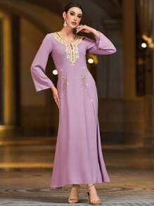 Al Najma V-Neck Long Sleeve Elegant Purple Rhinestone Waist Long Dress With Arabic Design Kaftan Jalabiya Dress