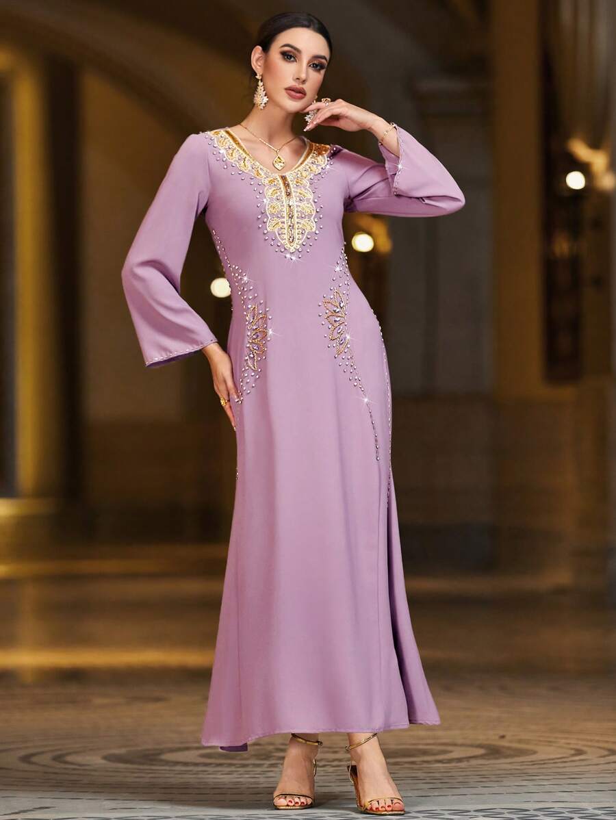 Al Najma V-Neck Long Sleeve Elegant Purple Rhinestone Waist Long Dress With Arabic Design Kaftan Jalabiya Dress