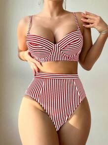 SHEIN Swim Beach Summer Outfits For Women, Random Print Bikini Set - Red and White - View 6