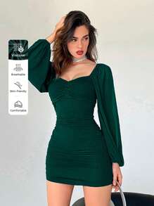 Aloruh Của phụ nữ Tay áo lồng đèn Xếp li Váy bodycon - Màu xanh lá cây đậm - Xem 7