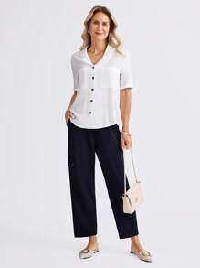 Miaspire Damen weiße Kurzarm Lässig Bluse mit Brusttasche, Frühling/Sommer