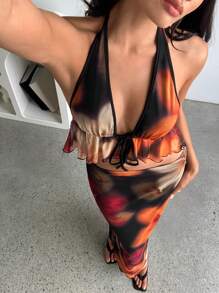 Aloruh Bộ đồ 2 món dành cho nữ, kiểu dáng mới, gợi cảm và thanh lịch, họa tiết hoa lãng mạn cổ điển, nhuộm tie-dye, áo crop top cổ chữ V sâu, hở lưng và chân váy ôm eo cạp cao, trang phục đi nghỉ mát, trang phục mùa hè cho nữ, bộ hai mảnh trang phục đi biển cho nữ, bộ đồ đi nghỉ mát cho nữ. - Nhiều màu - Xem 8